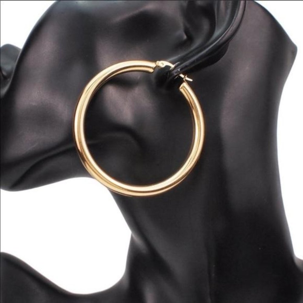 NEW 18K Yellow Gold Round 1.2” Tube Hoop Earrings - Picture 4 of 6